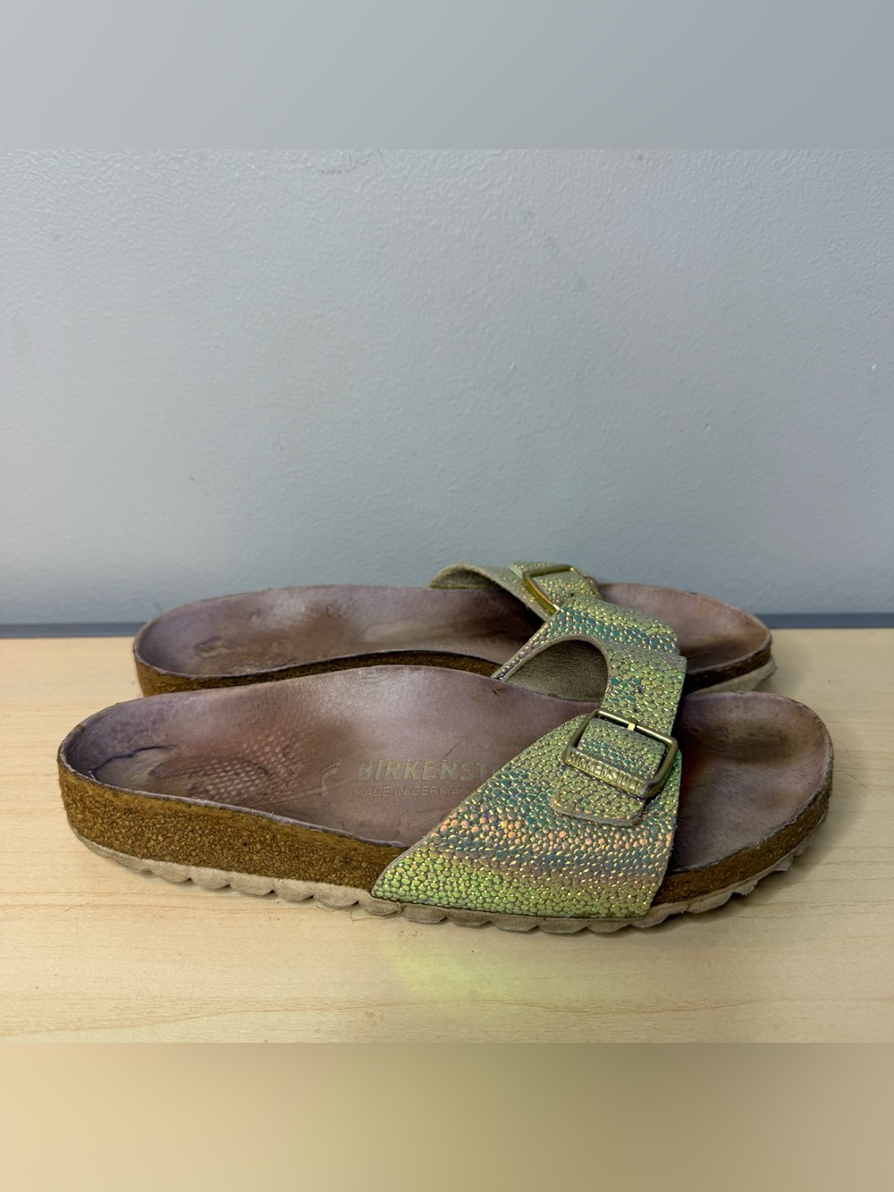 Birkenstock Iridescent Green Single Strap Slide with Buckle